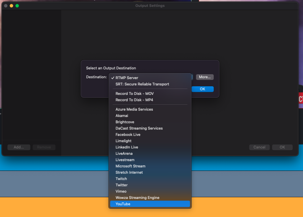 Step 2: Select the YouTube Output Destination preset