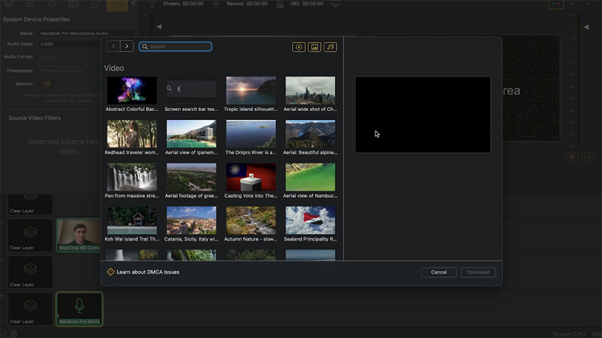 features of wirecast screencap showing adding media from the included library