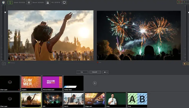 Wirecast software editing screen with channels and fireworks video