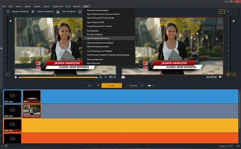 Wirecast in app help and support menu