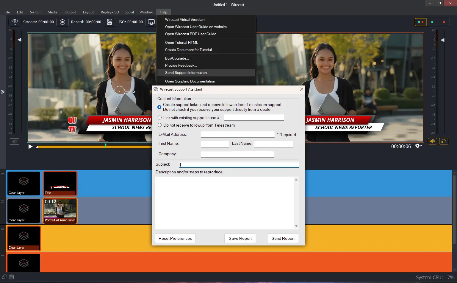 Wirecast in-app support menu